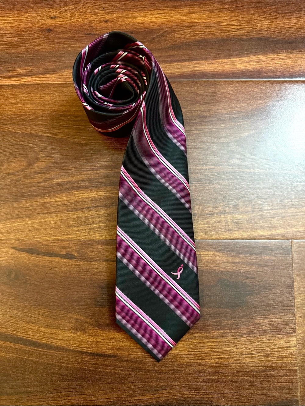 KNOTS For HOPE. Black and Magenta Striped Men's Tie with Pink Ribbon Accent